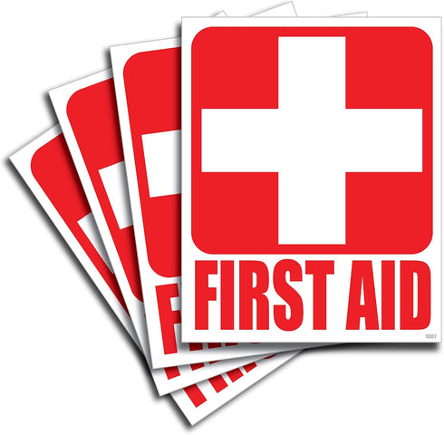 (4) First Aid Kit Sticker Sign Self Adhesive Decal 5"x4" for Car, Office or Business Emergency First Aid Kit Sign...