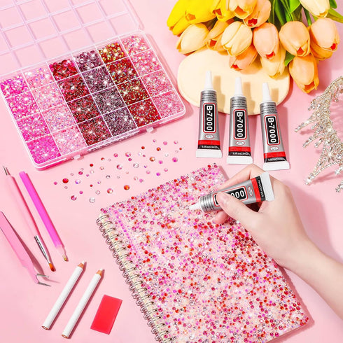 Audab B7000 Glue with 18000Pcs Rhinestones for Crafting, Flat Back Rhinestone Kit Non Hotfix Resin Gems with Clear Jewelry Glue for Clothes Shoes ...