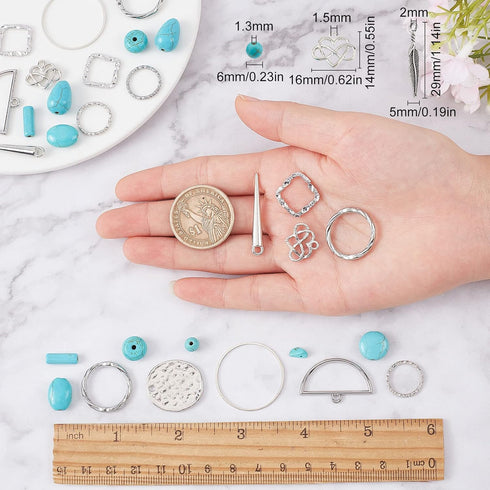 SUNNYCLUE 1 Box DIY 10 Pairs Turquoise Beads Earring Making Kit 8 Shapes Turquoise Beads Charms Hammered Feather Heart Pendants & Earring Hooks fo...