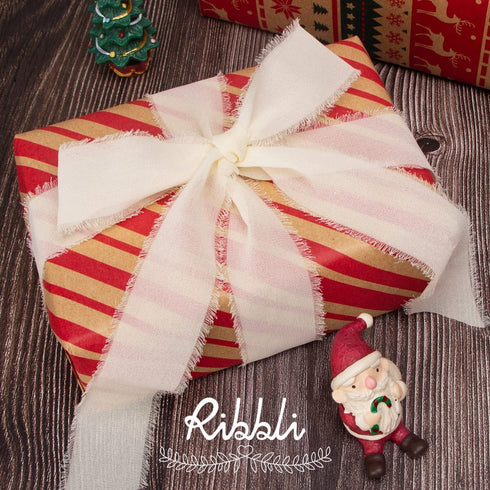 Ribbli 4 Rolls Nude Beige Chiffon Ribbon Set,Handmade Fringe Silk Ribbon,1.5 in x 5 Yd Per Roll,White/Ivory/Nude/Beige Ribbon for Wedding Invitati...