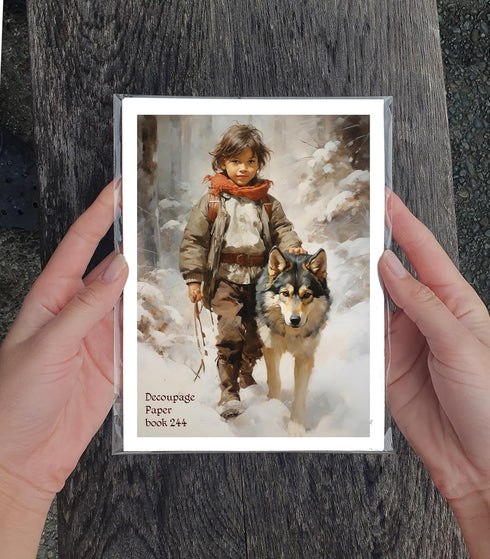 Decoupage Paper Pack (35 Sheets 6"x8") Brave Boys Walking Through Snowy Forests with Massive Bears and Wolves FLONZ Vintage Illustration Pictures ...