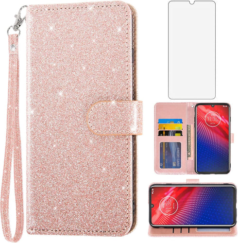 Asuwish Phone Case for Moto Z4/Moto Z 4 Play/MotoZ4 Force with Tempered Glass Screen Protector and Glitter Wallet Cover Card Holder Slot Stand Mot...