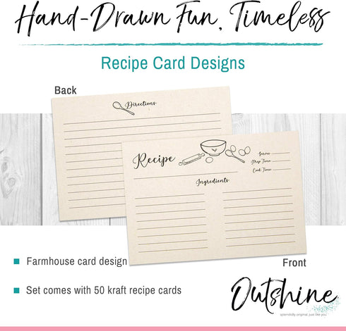 Outshine Premium Kraft Recipe Cards 3x5 Inches, Farmhouse Kitchen Design (Set of 50) | Double Sided Thick Cardstock | Bulk Blank Recipe Cards for ...