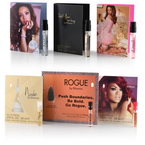 6 Rihana perfume samples for women: Crush, Reb'l Fleur, Kiss, Rogue, Rebelle, and Nude. Fragrance sample vial bottles perfume Set. Great for small...