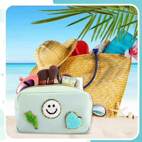 4 Pcs Chenille Bag Preppy Patch Makeup Bag Cosmetic Bag Chenille Letters Toiletry Bag PU Leather Waterproof Portable Pouch Travel Organizer (Blue,...