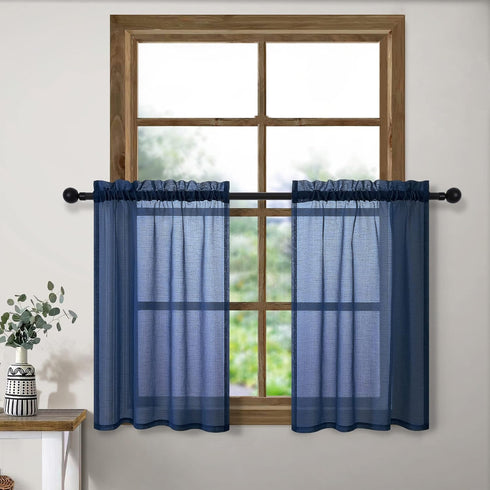 Navy Kitchen Curtains 36 Inch Length for Basement Window Small Pair Rod Pocket Semi Sheer Faux Linen Short Cafe Curtain Tier RV Summer Drapes for ...