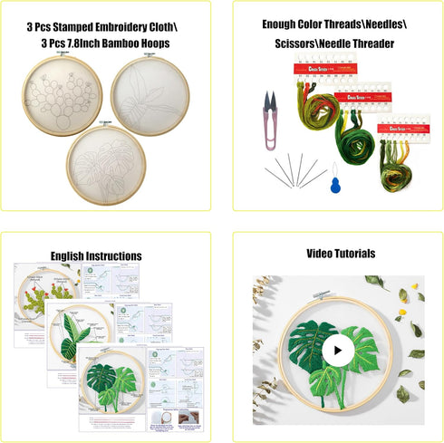 mozhijing 3 Pack Plants Embroidery Kit for Adults,Hand Transparent Embroidery with Plant Patterns and Instructions DIY Kits for Adults with Embroi...