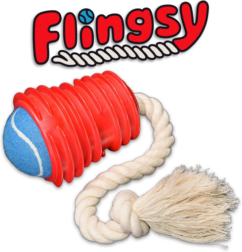 Made in USA Flingsy Dog Ball Launcher and Rope Tug Fetch Thrower Combination Throwing Toy with 100-Percent Natural Cotton Rope...