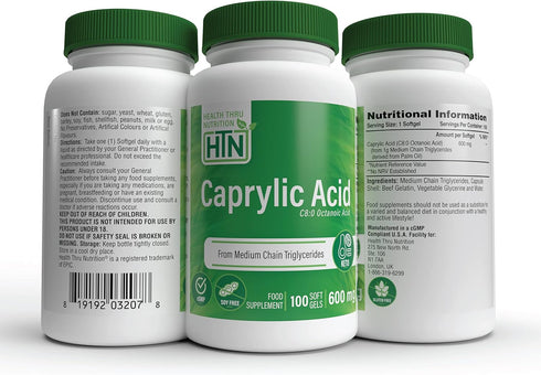 Health Thru Nutrition Caprylic Acid 600mg 100 Softgels | C8 Octanoic Acid from pure 1g MCT Oil | Non-GMO & Soy Free | Support Healthy Digestive an...