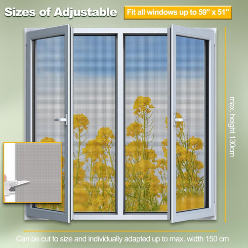 Magnetic Window Screen, Adjustable DIY Window Net Max 59” x 51” with Innovative Magnetic Fastener, Fiberglass Fine Mesh, Window Mesh with 12 Magne...