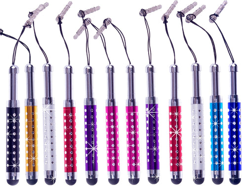 ECO-FUSED Stylus Pen Bundle - 12 Adjustable Bling Stylus Pens- with 3.5mm Jack Connector- for All Capacitive Touchscreen Devices - iPad, iPhone, S...