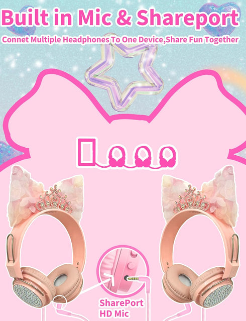 Priness Wired Kids Headphones with Mic for School/Travel,95dB Volume Limited,Shareport,On/Over Ear Bow Headsets with Nylon Cable-(Rose-Crown)...