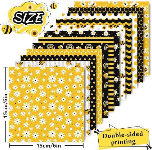 Whaline 12 Design Bee Pattern Paper Pack 24Pcs Yellow Black Honeycomb Scrapbook Paper Double-Sided Collection Decorative Craft Paper for Card Maki...