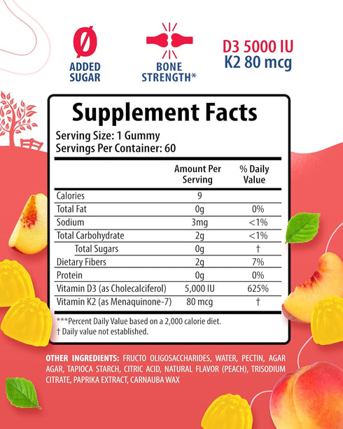 Vitamin D3 K2 Gummies 5000 IU - Immune & Bone Support - Sugar-Free Vitamin D Gummy Supplement - High-Absorption, Vegan, Gluten-Free Gummies for Ad...