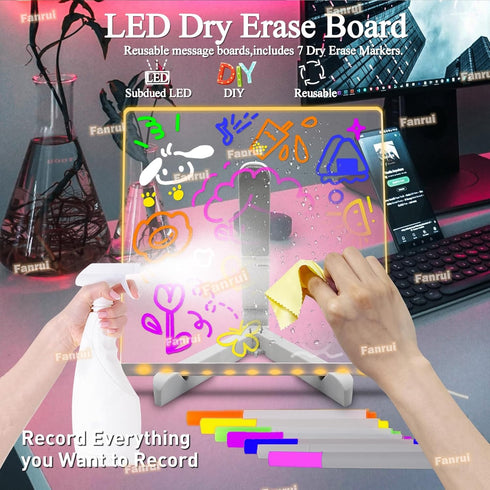 Fanrui Acrylic Dry Erase Board - 8.26 x 8.26 inch Clear Desktop Easel Write Board Lamp with 7 Markers Tray on Desk, to Do List Notepad for Office,...