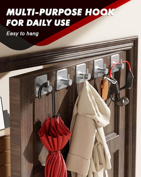 Adhesive Hooks Heavy Duty 22lb(Max) Wall Hooks, 5 Pack Self Adhesive Damage Free Utility Hooks Stainless Steel for Towel Coat Robe, Waterproof Oil...