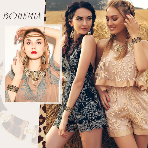 3 Pieces Leopard Necklace Earrings Bracelets Jewelry Set Women Bohemia Leopard Print Bib Chain Necklace Bracelet Print Jewelry Multi Layer PU Leat...