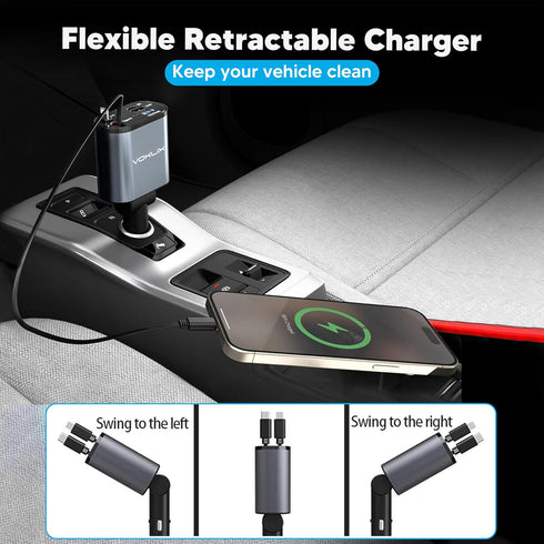 Retractable Car Charger, 4 in 1 Retractable Car Charger 66W with Cord 2.6ft, USB C Car Charger, Retractable Cables and USB Car Charger Adapter Com...