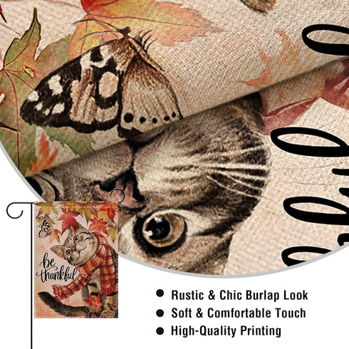 Be Thankful Cat Home Decorative Fall Garden Flag, Autumn Yard Lawn Maple Leaves Outside Decor, Thanksgiving Farmhouse Outdoor Small Burlap Decorat...
