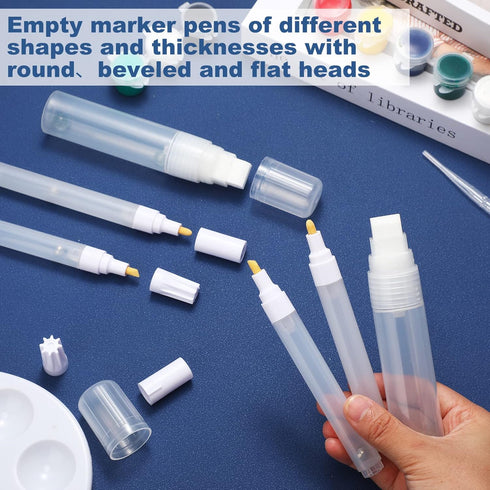 16 Pcs Refillable Acrylic Paint Markers 3 mm 6 mm 15 mm Empty Acrylic Markers White Refillable Paint Pen Round Tilted Flat Head Fillable Paint Pen...