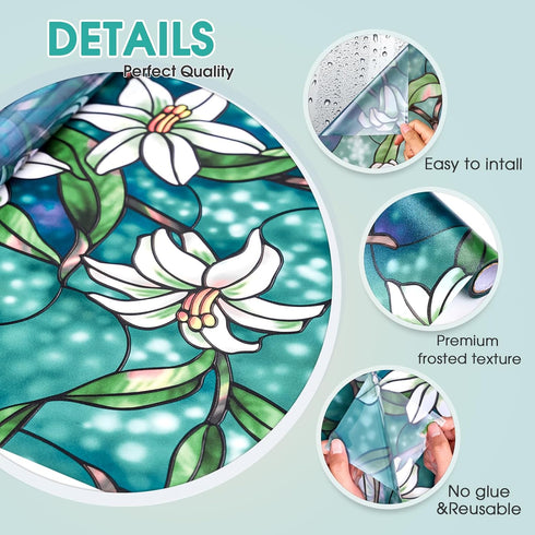 Coavas Decorative Window Privacy Film, Heat Control Sun Blocking Stained Glass Window Film, Floral Design Static Cling, Non Adhesive Windows Tint ...