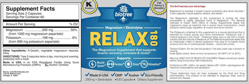BioTree Labs Relax 180 - Pack of 120, Magnesium & Potassium Supplement with Electrolytes | Supports Muscle Pain, Spasms & Tension | 60 Days...