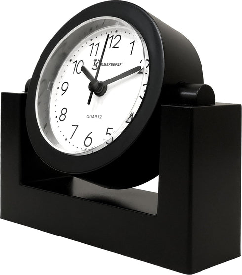 Timekeeper Small Desktop Swivel Clock for Desk, Battery Operated, 6.75" Wide x 2" Tall, Black Frame White Face...