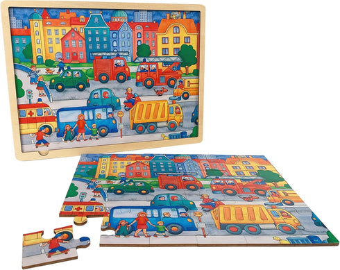 Wooden Puzzle for 3 Year Old with Picture Underneath, 24 Piece Puzzles for Kids Ages 3-5 Traffic Theme, Unique Shape Jigsaw Pieces Preschool Toddl...