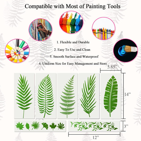 11Pieces Large Leaf Stencil 14” x 5.85”, Palm Fern Leaf Stencils for Painting on Walls Nature Tropical Plant Leaves Paint Stencils for Furniture C...