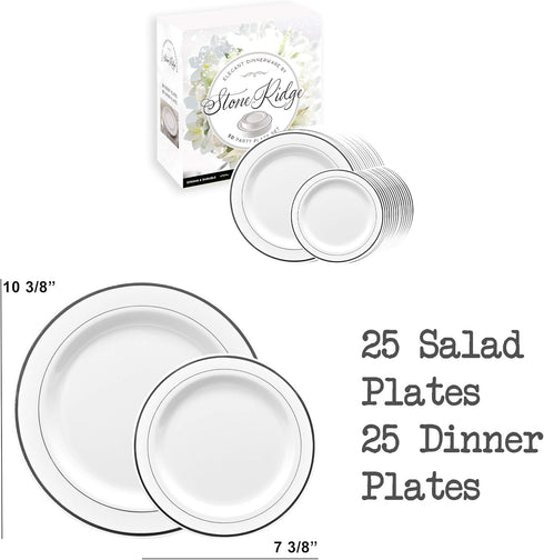50 Classy Disposable Plastic Plates, 25 Pieces of 10.25 Inch and 25 Pieces of 7.5 Inch White Plates, Silver Trim...
