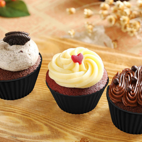 Silicone Baking Cups Reusable Muffin Cupcake Liners 24 Pack Non-stick Cupcake Holders Molds for Party Birthday Halloween Christmas Black...