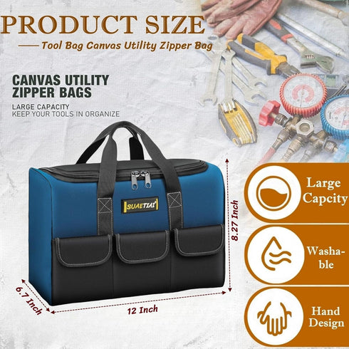12 Inch Small Tool Bag for Men,Heavy Duty Wide Mouth Tool Tote with 6 Storage Pockets,Large Capacity Handbag,Canvas Mechanic Tool Bags,Portable To...