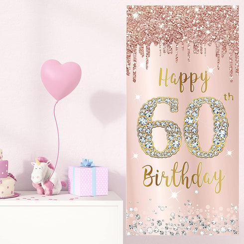 60th Birthday Door Banner Decorations for Women, Pink Rose Gold Happy 60th Birthday Door Cover Backdrop Party Supplies, Large Sixty Year Old Birth...