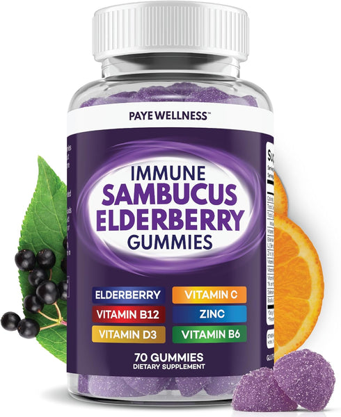 Sambucus Elderberry Immune Gummies, Daily Immune Support for Kids and Adults*, with Zinc, Vitamin C, D3, B6, B12, Plus - Dietary Supplement - 70 C...