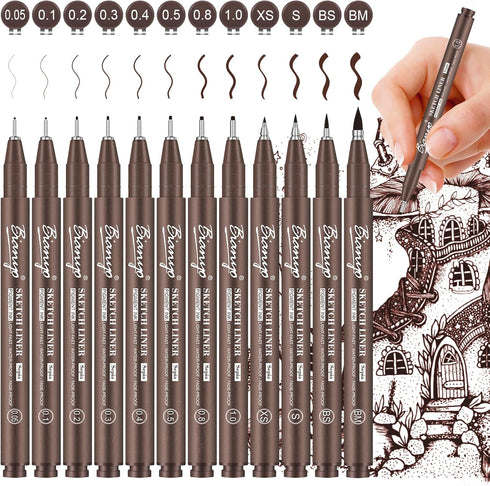 Bianyo Sepia Tone Drawing Pen Set, 12 Assorted Sizes Sketch Liner, Water-Resistant Archival and Pigment Ink Art Pens, Precision Drawing and Sketch...