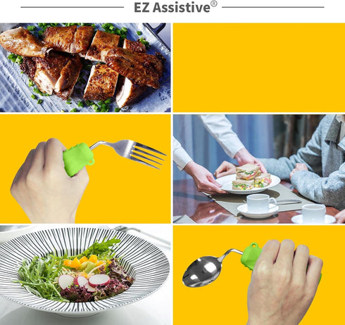Adaptive Spoon Easy to Hold for Independent Eating, Weighted Utensils for Hand Tremors (Green Spoon Right Hand)...