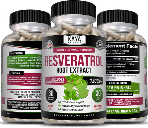Kaya Naturals - Resveratrol Capsules - Anti Aging Supplement - Antioxidants with Brain Support - Maximum Benefits - 60 Veggies Capsules...