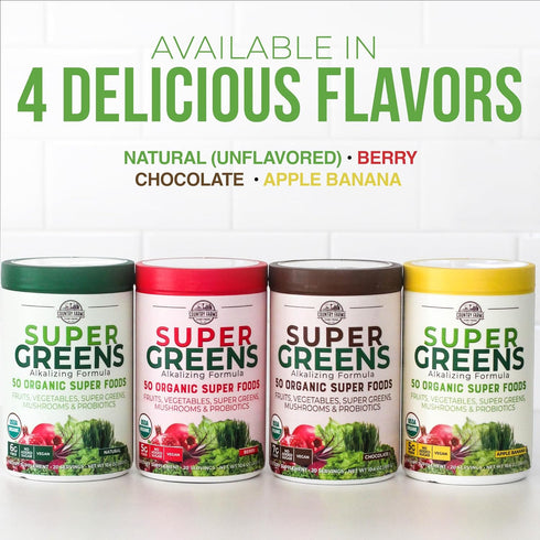 COUNTRY FARMS Organic Super Greens Chocolate Flavor, 50 Organic Super Foods, USDA Organic Drink Mix, Packed with Fiber, Fruits, Vegetables, Mushro...