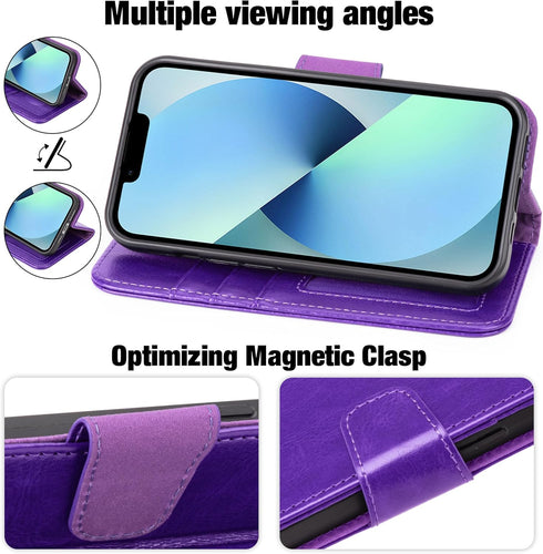 Arae Compatible with iPhone 13 Case with Card Holder and Wrist Strap Wallet Flip Cover for iPhone 13 6.1 inch,Purple......