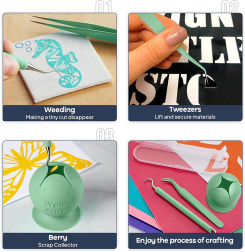 iVyne Berry and Silicone Weeding Tools - Suction Weeder, Craft Tweezer, Scrap Collector Holder, Vinyl Weeding Tool Kit for Cricut, Silhouette Acce...