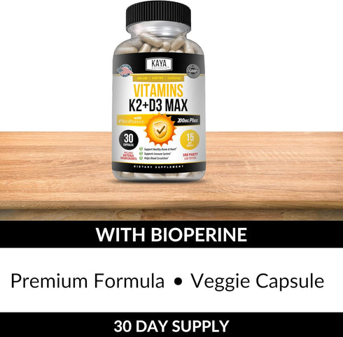 Kaya Naturals Vitamins K2 with D3 5000IU Supplement - Bone and Heart Health Supplement - Vitamin K2 MK-7 Easy to Swallow Supplement - K2 D3 Vitami...