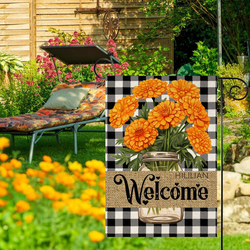 Marigolds Garden Flag for Outside Buffalo Plaid Check Welcome Flags Small 12x18 Inch Double Sided Yard Flag for Spring Summer Winter Home House Ou...