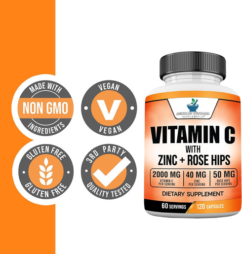 American Standard Supplements Vitamin C 2000mg, Zinc 40mg, and Rose HIPS 50mg Per Serving – Vegan, Gluten Free, Non-GMO (120 Count)...