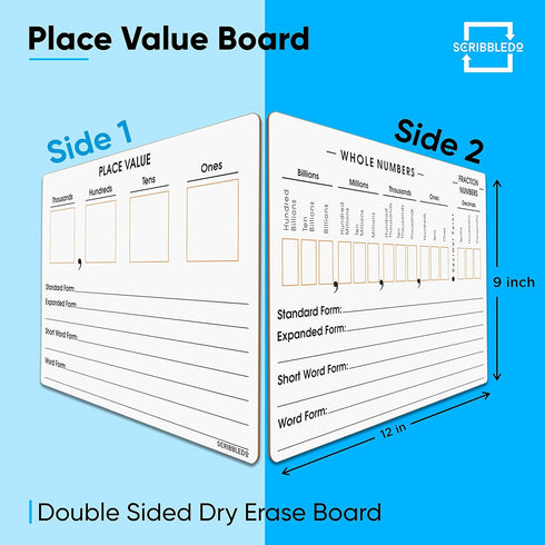 SCRIBBLEDO Place Value Board 9" x 12" Double Sided Dry Erase Boards for Kids for Teaching Place Values from Billions to Decimal Numbers Math Manip...