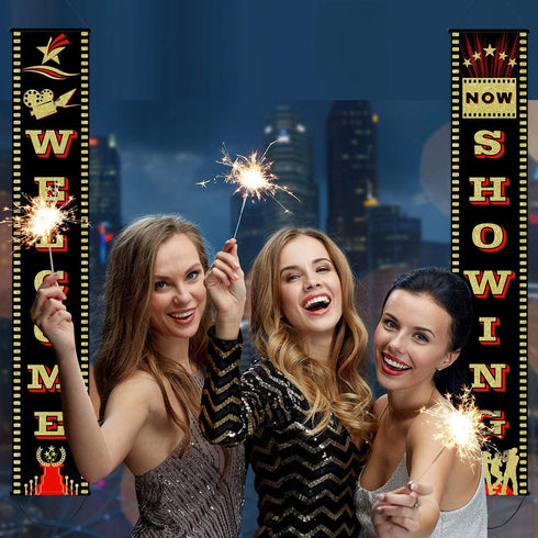 Blulu 2 Pieces Movie Night Banner Porch Sign Banner Movie Night Decoration Set for Theme Party Supplies Birthday Favors Film Party Decorations...
