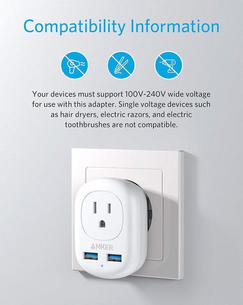Anker European Travel, PowerExtend USB Plug International Power Adapter with 2 USB Ports and 1 Outlet, US to Most of Europe EU Spain Iceland Italy...