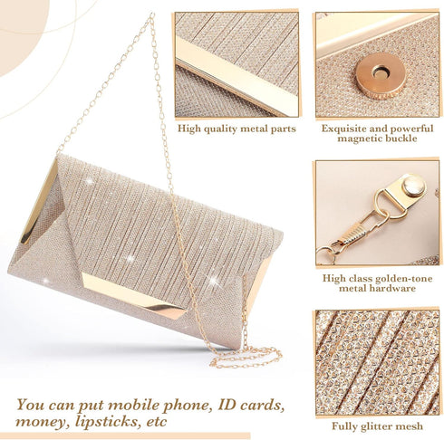 4 Pieces Women Rhinestone Evening Clutch Bag Ear Clip Bridal Wedding Choker Bracelet Dangle Bling Glitter Purse for Party (Golden)...