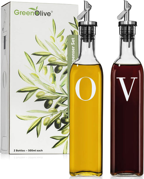 GREENOLIVE Olive Oil and Vinegar Dispenser Set - 17 oz. Glass Bottles with No-Drip BPA-Free Spouts - Stylish O and V Identifiers for Kitchen and D...