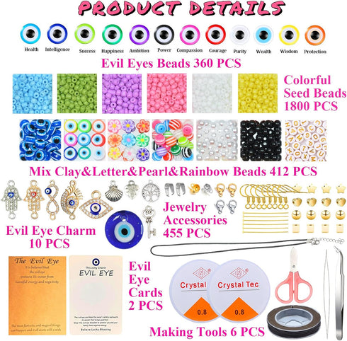 JIYIEW Evil Eye Bracelet Kit 4mm Glass Seed Beads Jewelry Making Kit with Evil Eye Beads, Evil Eye Charms, Clay Beads, Gold Spacer Beads and Elast...