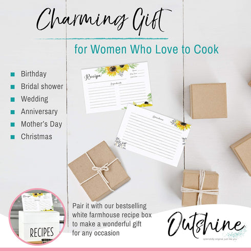 OUTSHINE Recipe Cards 3x5, Sunflower Design | Recipe Card Template for Recipe Box, Set of 50 | No-Smear Double Sided Rustic Recipe Cards Mason Jar...